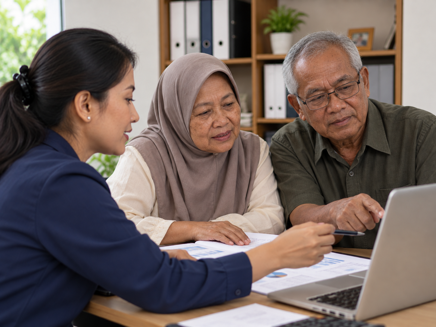 Ilustrasi pasangan lansia Indonesia, istri berhijab krem dan suami berkemeja hijau zaitun, berkonsultasi dengan perencana keuangan sambil meninjau laptop