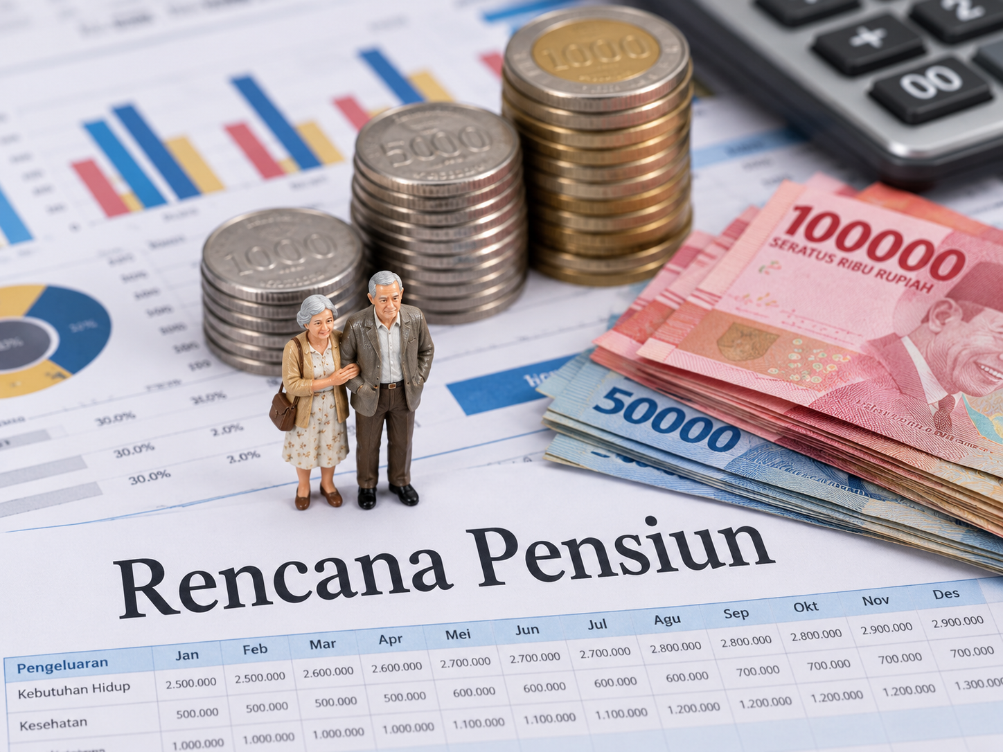 Ilustrasi rencana pensiun dengan miniatur pasangan lansia, uang Rupiah, tumpukan koin, grafik keuangan, dan kalkulator